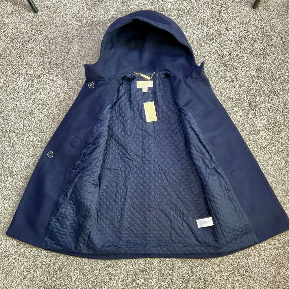NEW Michael Kors Wool Hooded Duffle Coat Jacket Womens Small‎ Toggle Winter Blue